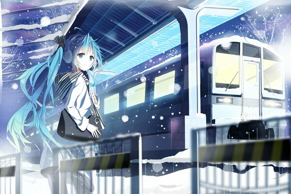 Art sjii vocaloid. a girl near the station near the train with a bag on the background of winter