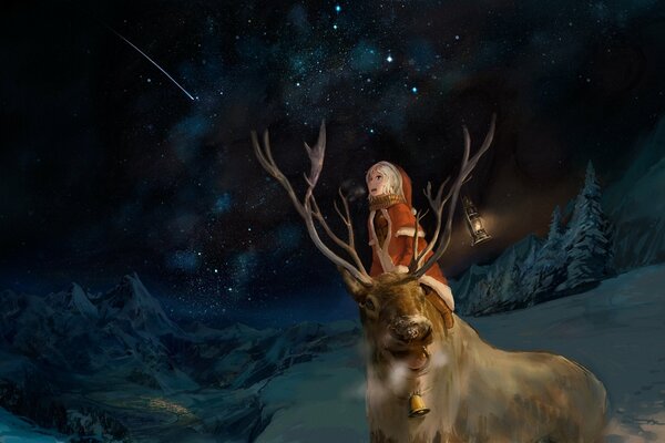 A boy riding a reindeer at night