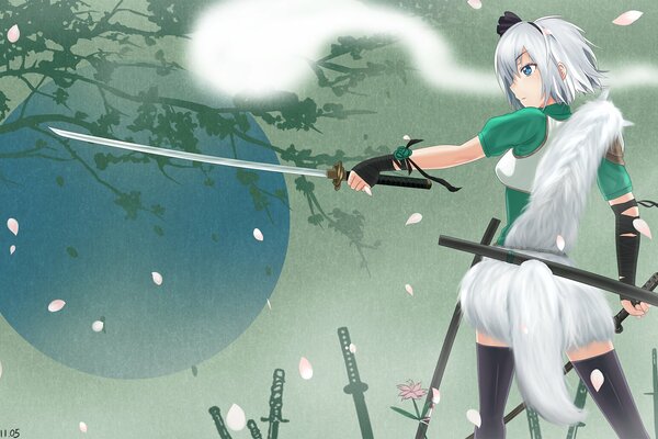 Art lemoo touhou. the girl holds a sword. strong spirit