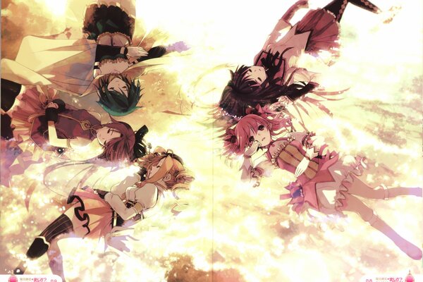 Anime girls lie in the rays of the sun