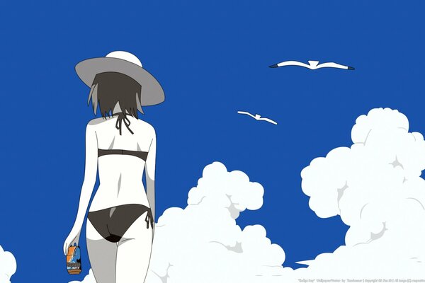 Anime drawing of a girl walking in a swimsuit