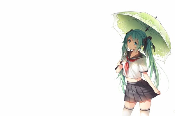 Anime-Zeichnung einer Schülerin mit grünen Haaren und unter einem grünen Regenschirm