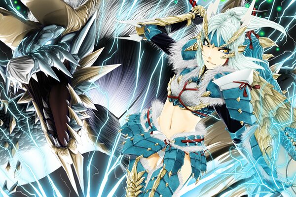 Anime. Fille avec des armes contre le dragon en armure