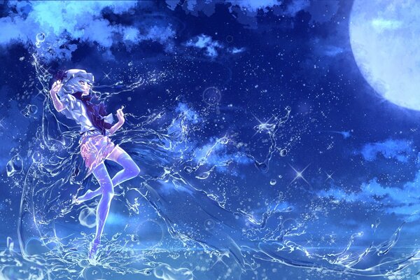 Anime girl in the water on a moonlit night