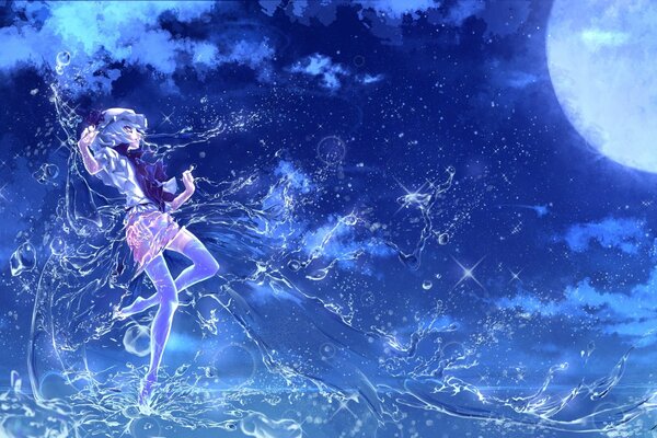 Anime dziewczyna w wodzie w księżycową noc