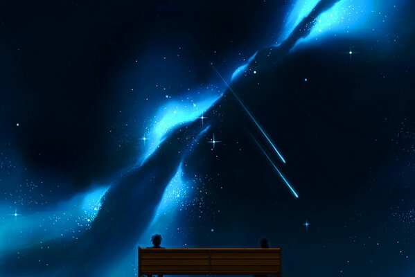 Anime drawing of a guy and a girl sitting on a bench in front of the starry sky