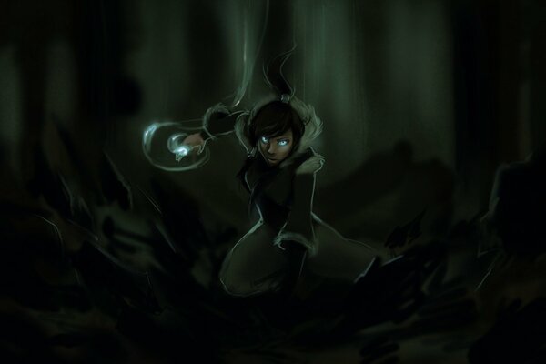 Art legend of korra. Bark in the forest on a dark background