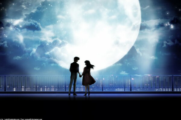 Paar in der Stadt in der Mondnacht