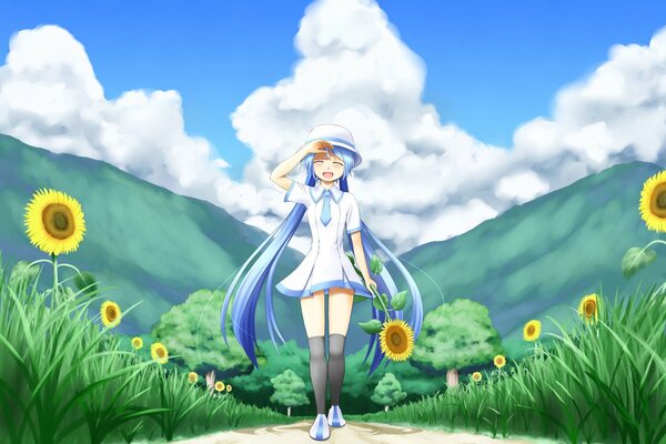 Anime-Mädchen auf dem Weg in einem Feld mit Sonnenblumen