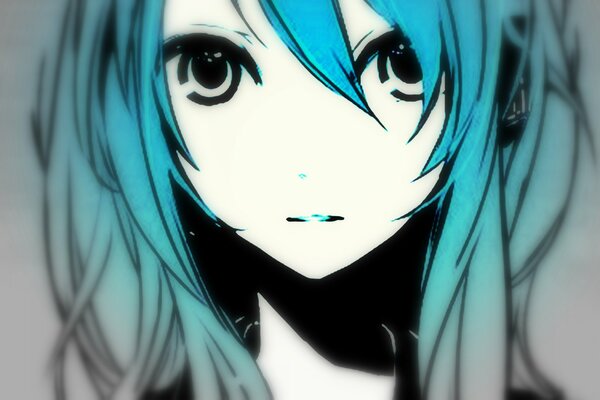 Anime-Zeichnung eines Mädchens mit blauen Haaren und großen Augen