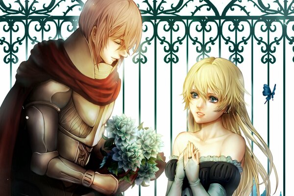 Knight gives a bouquet to a blonde girl