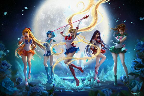 Sailor Moon and warriors in sailor suits