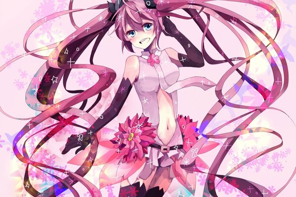 Anime girl en rose avec des fleurs