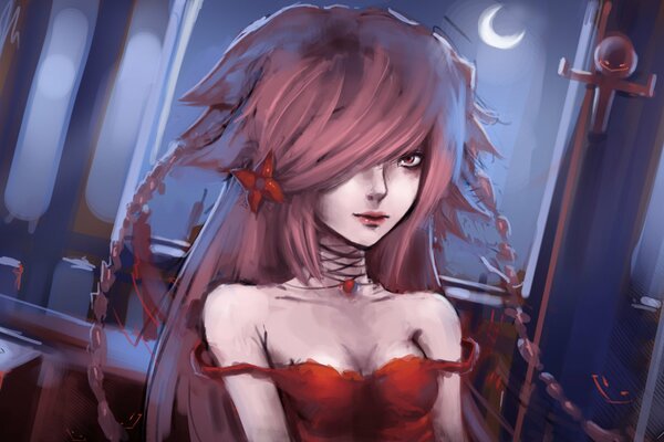 Anime drawing of a vampire girl in a red dress