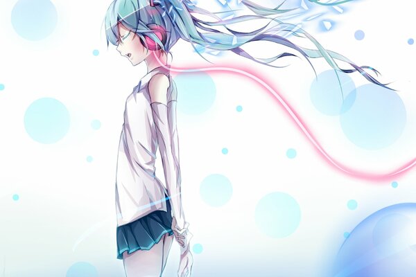 A girl with headphones surrounded by water