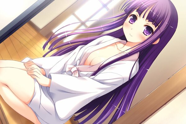 Anime girl looks in the mirror in a bathrobe