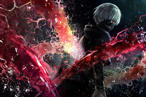 Beautiful art of a guy with blood splashes anime