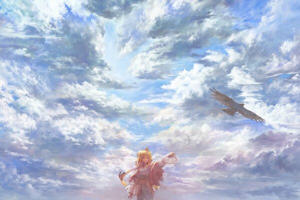 Anime girl stands against the background of clouds and watches a bird take off