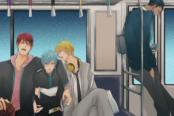 Four guys in a subway car