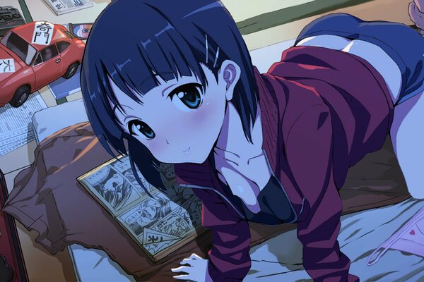 Anime fille sur le lit en veste