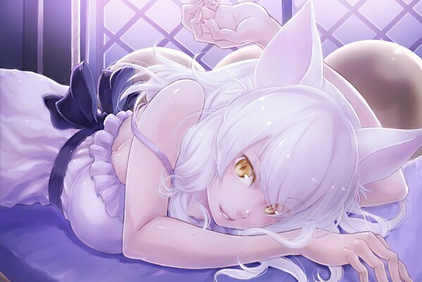 A cat girl in a cute dress is lying on the bed