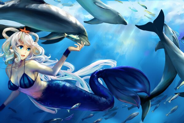 Mermaid underwater with dolphins and bear