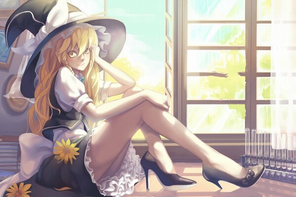 Anime chica con sombrero sentado en el Suelo