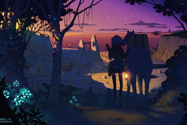 A girl and a horse at sunset