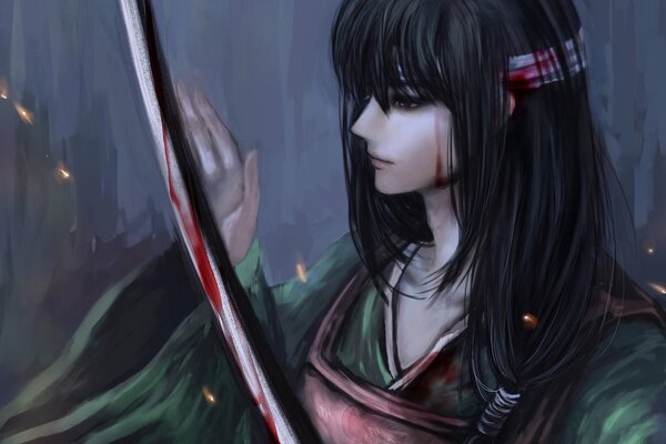 A warrior girl with a bloody katana