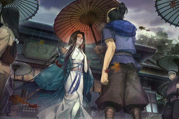 The character holds out an umbrella to the heroine