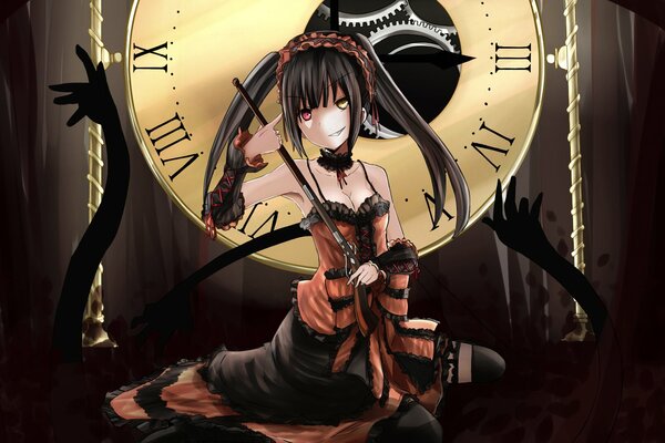 Art of a girl with long black hair on a clock background