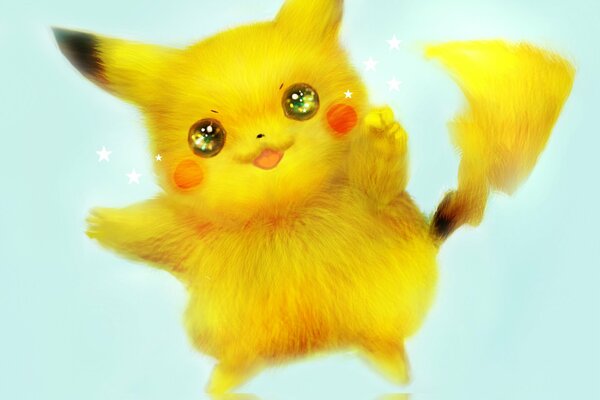 Arte de un Pikachu feliz sobre un fondo azul