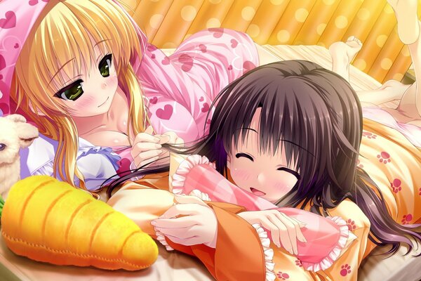 A girl and a girl are lying together with a bunny toy in the shintaro style