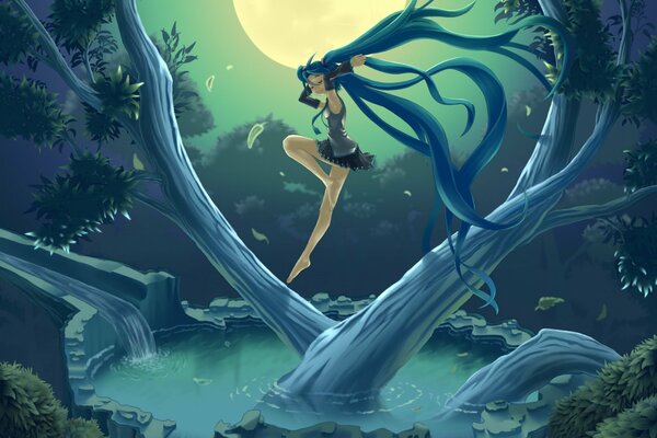 Anime girl vocaloid Hatsune Miku in the moonlit night