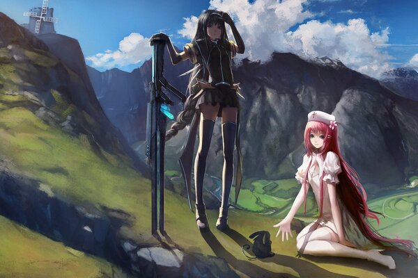 Art blackrabbitsoul. girls on the background of hills with weapons