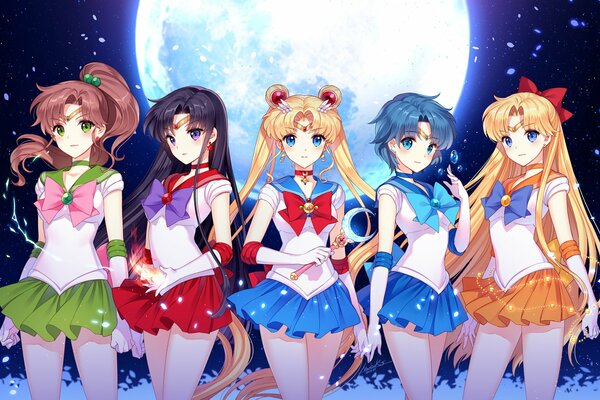 Die fünf von Sailor Moon auf dem Hintergrund des Mondes