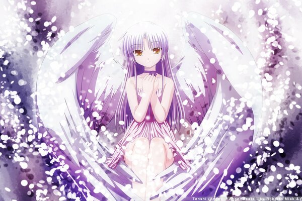 A girl with wings on a lilac background