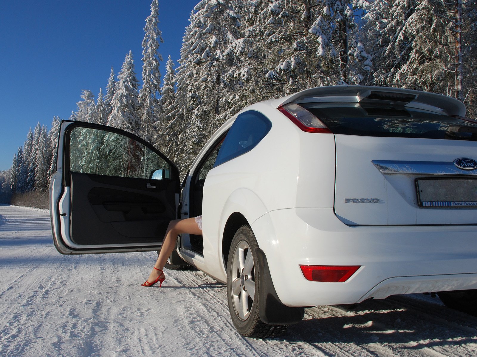 ford enfoque blanco invierno chica pierna árboles