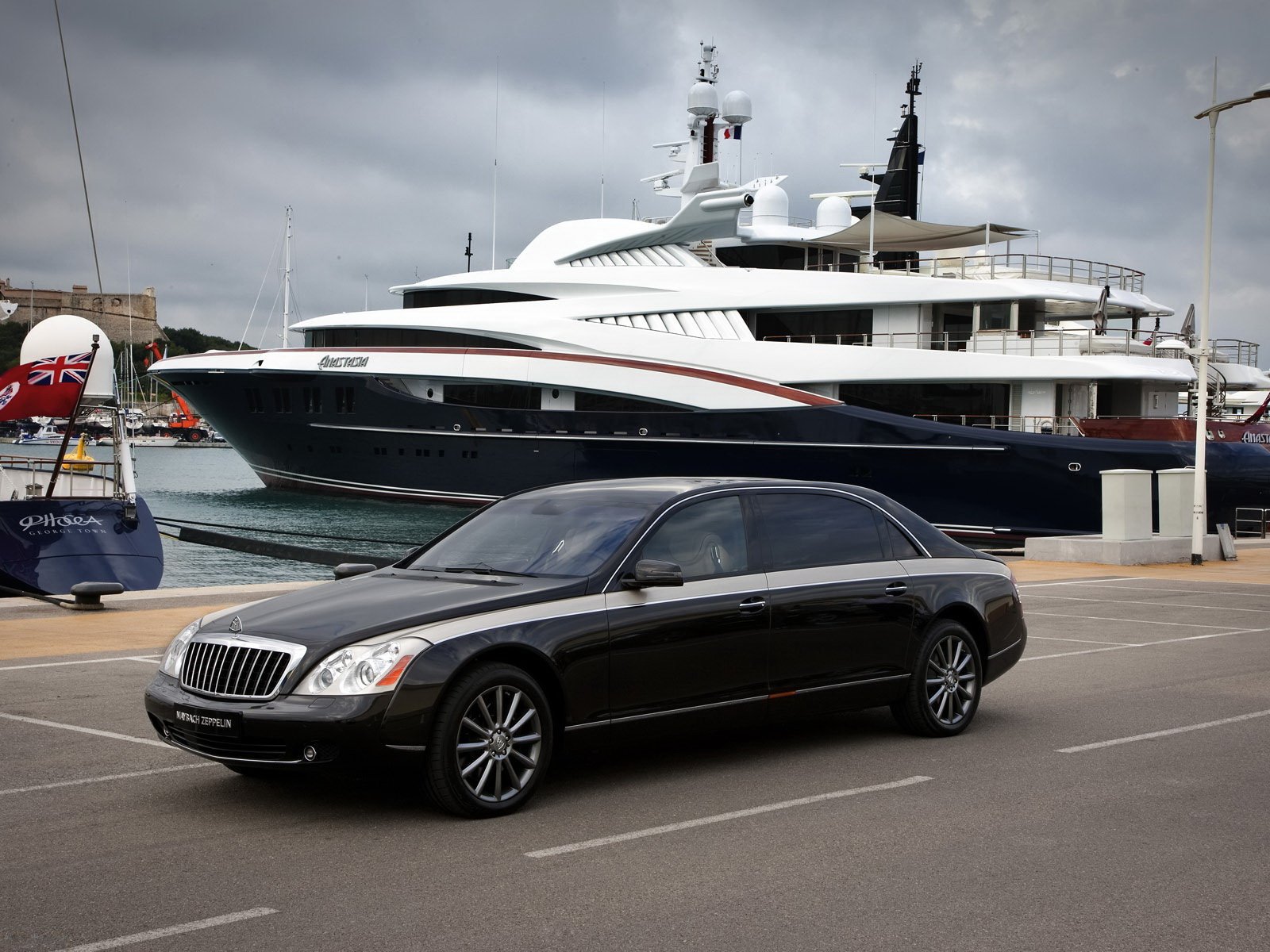 maybach zeppelin black yacht road