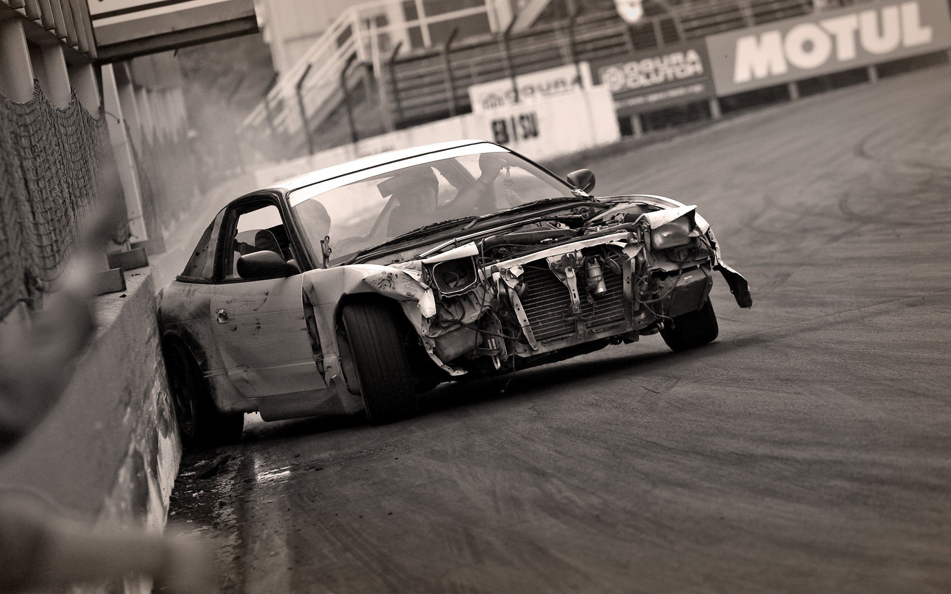 drift nissan accident black and white