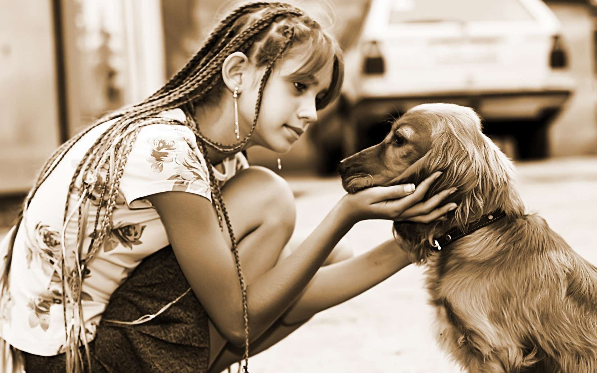 mädchen hund freundschaft sepia