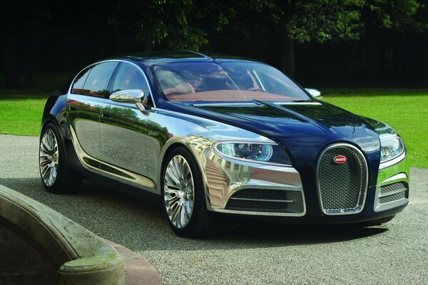 Chrome bugatti on the lawn with good reflection