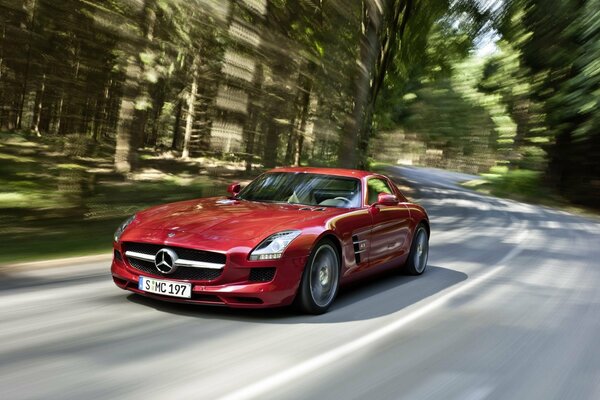 Red Mercedes AMG at speed in the woods