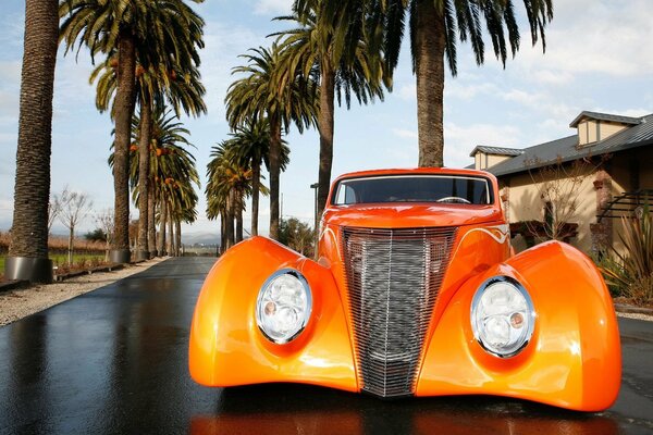 Voiture Ford orange sur fond de palmiers