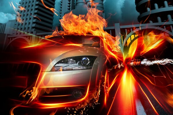 Obraz samochód w ogniu z prędkością