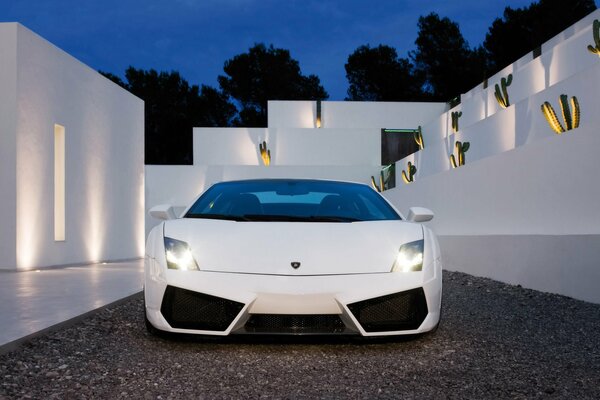 A white Lamborghini stands next to white walls
