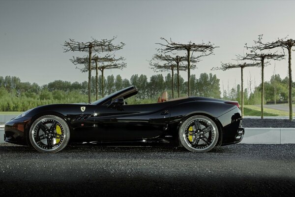 A black Ferrari without a driver is standing on the road