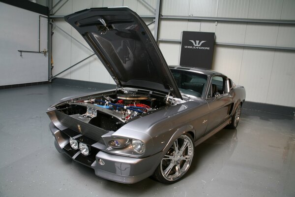 Ford Shelby steht mit geöffneter Motorhaube in der Garage