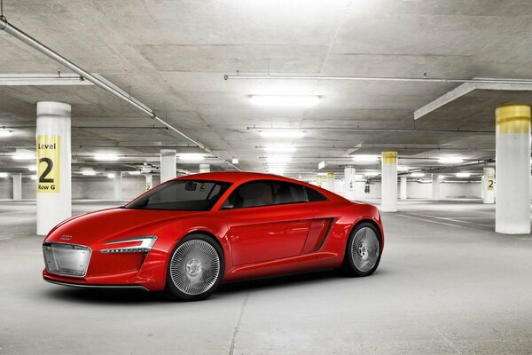 Red audi car in the underground parking lot