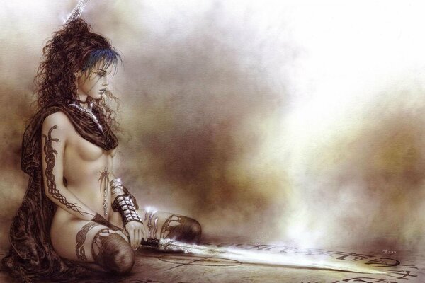 An almost naked girl with long hair sits with a sword laid on the ground in a white-brown fog